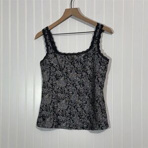 Cache Black Floral Jacquard Corset Tank‎ Top L Lace Trim Y2K Whimsigoth VTG